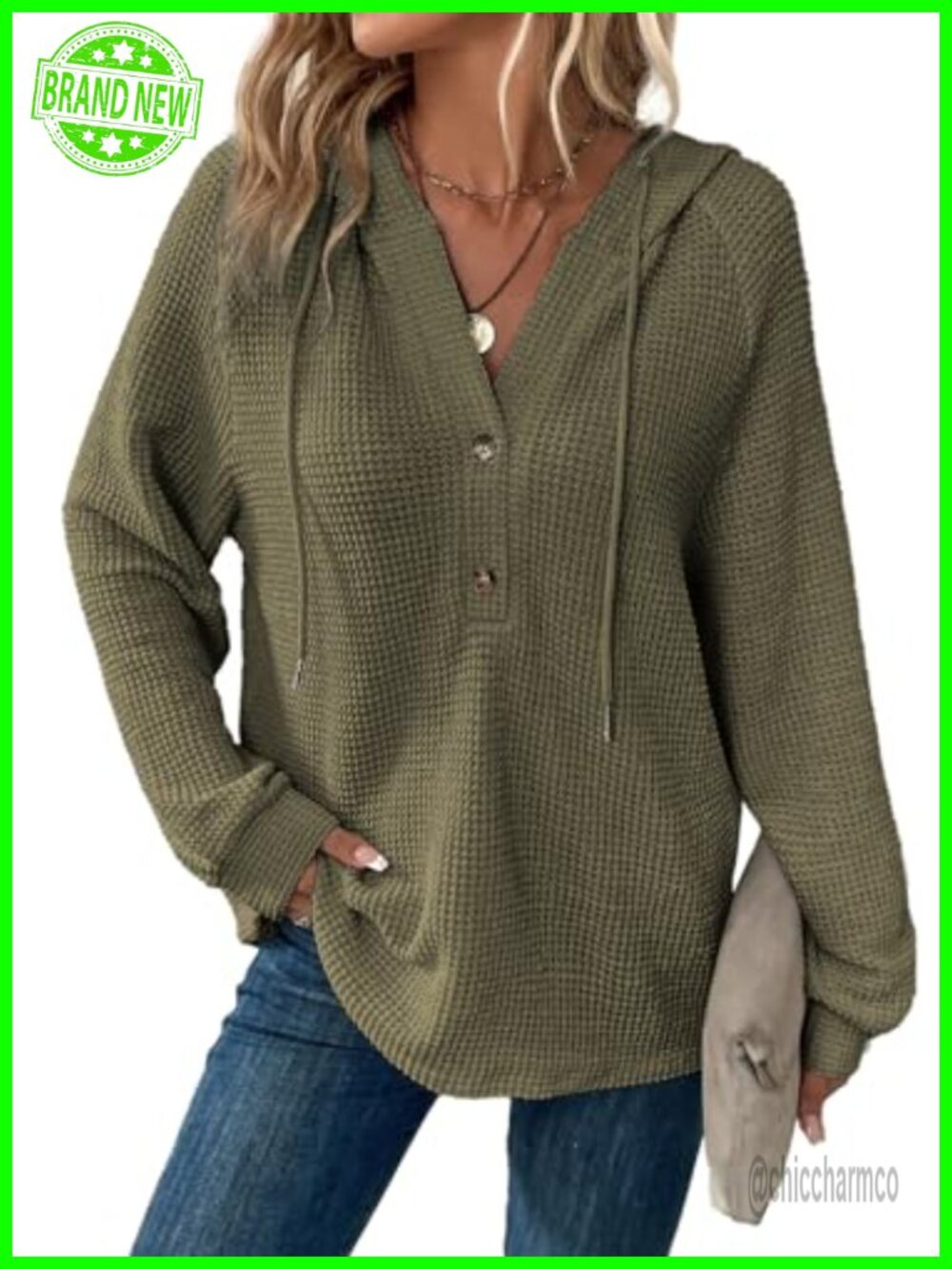 Waffle Knit V Neck Button Front Hoodie Sweatshirt Pullover Oversized